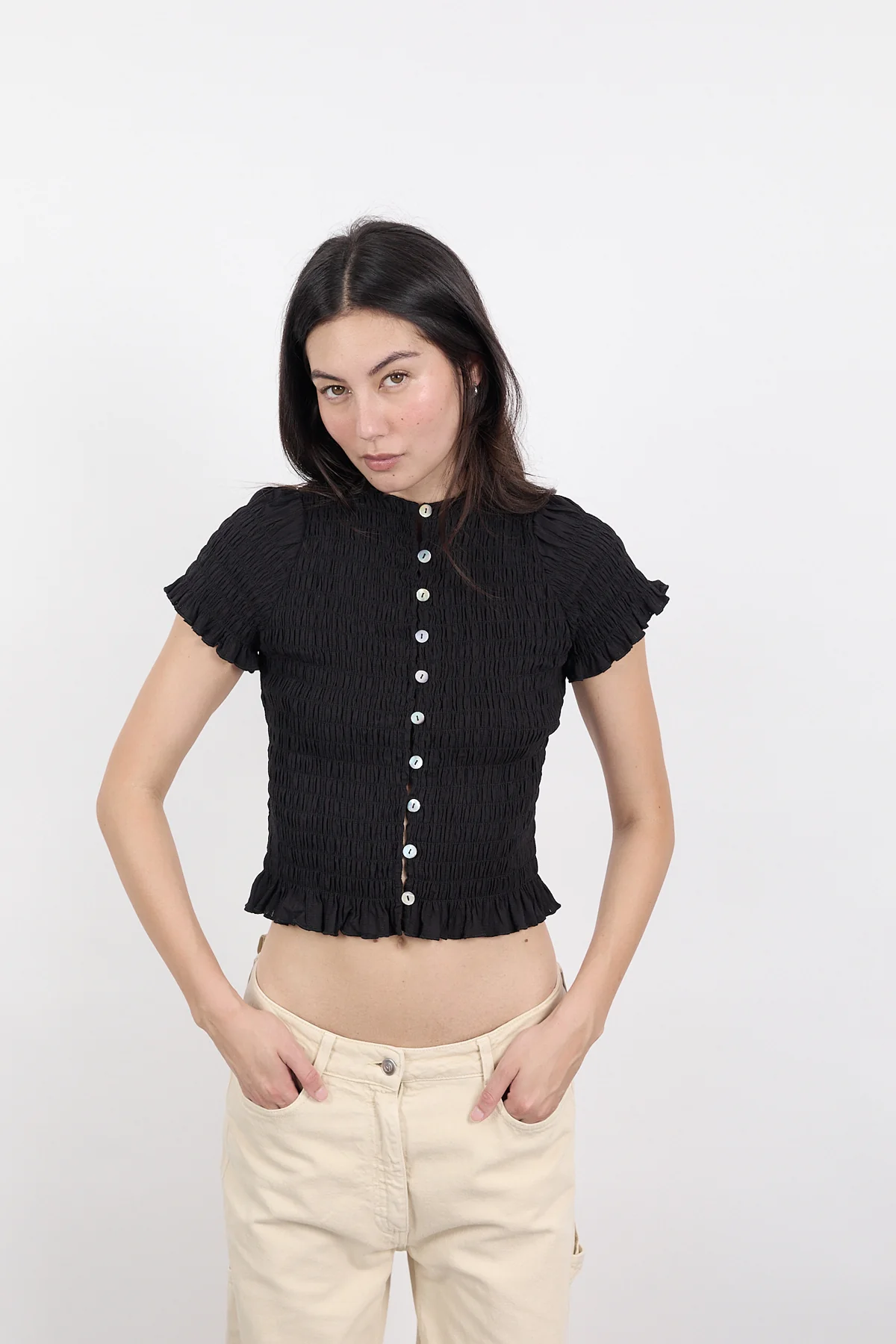 Black Ruched Button Tee - Image 13
