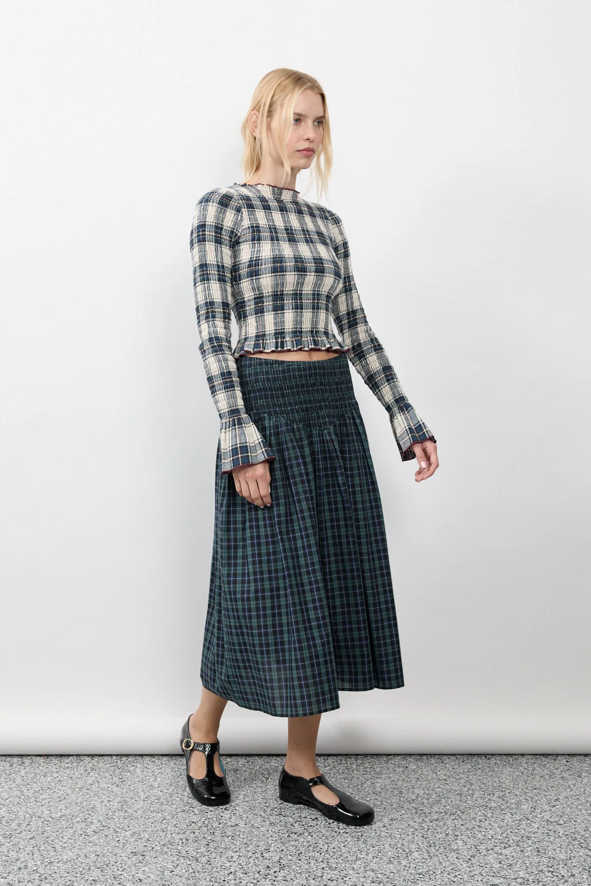 Navy Plaid Ruched Midi Skirt - Image 11